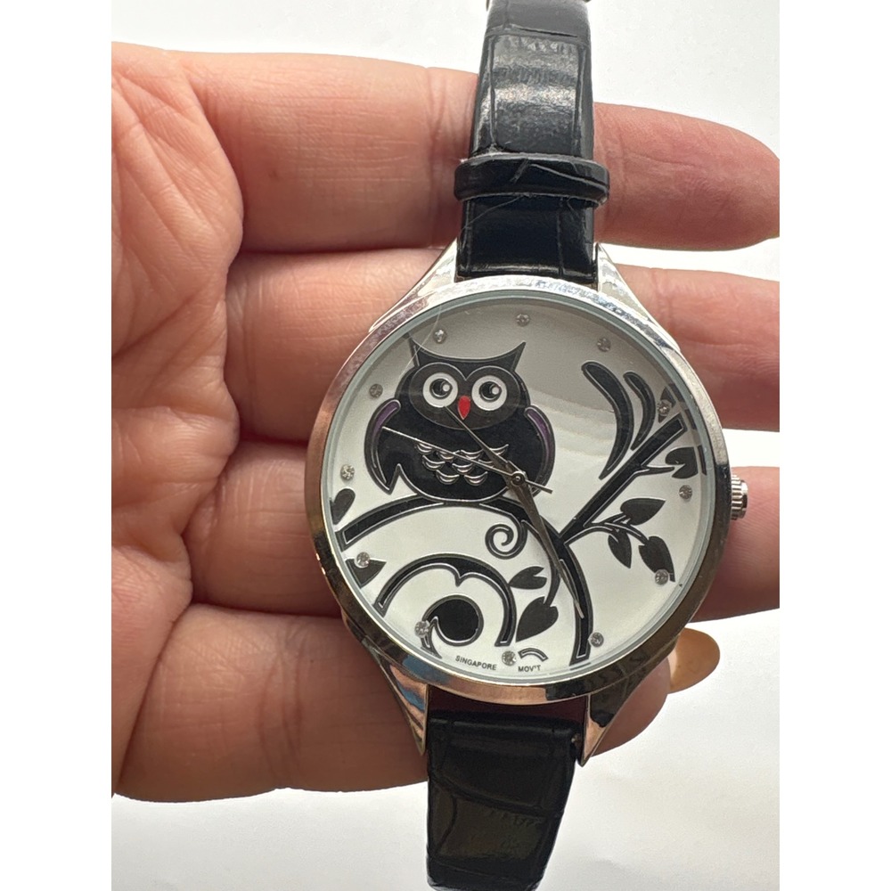 Whimsical Owl Large Round Face Watch Black‎ Faux Leather Strap 16364 101 Silver